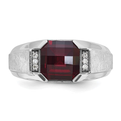 14K White Gold IBGoodman Men's Created Garnet and 1/20 carat Diamond Complete Ring