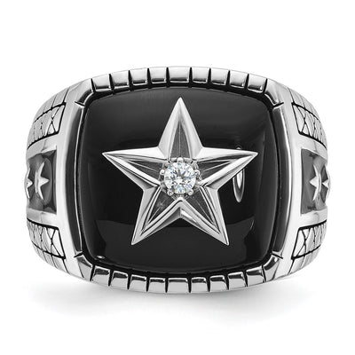 14K White Gold IBGoodman Men's Antiqued Onyx and 1/20 carat Diamond Complete Star Ring