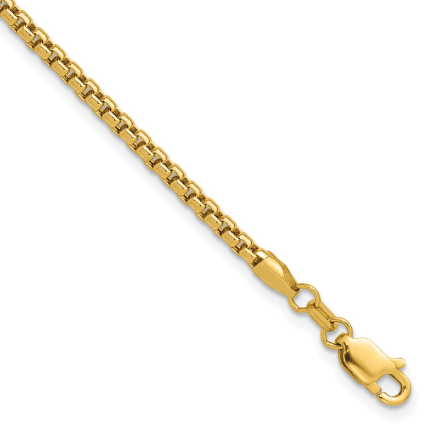 14K Semi-Solid Round Box with Lobster Clasp Bracelet, 7 x 2.45mm