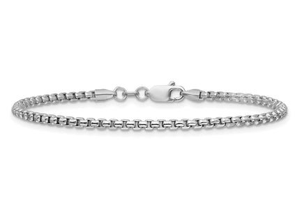 14K White Gold Semi-Solid Round Box with Lobster Clasp Bracelet, 7 x 2.45mm