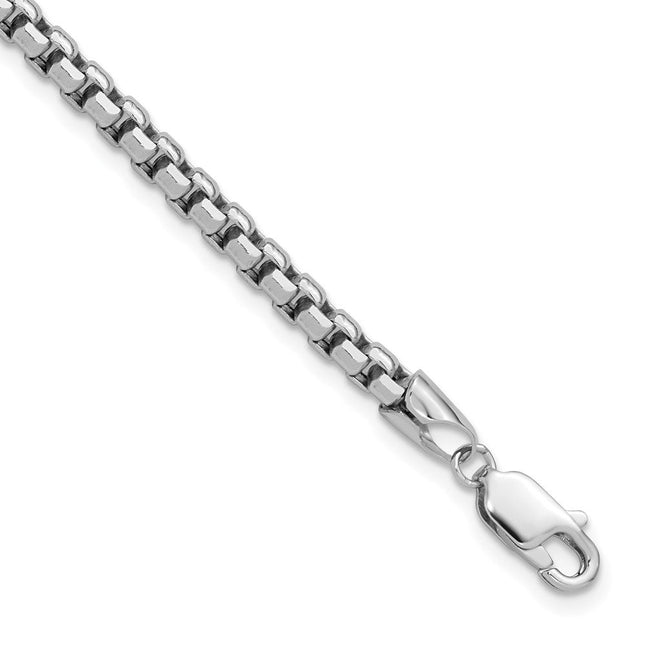 14K White Gold Semi-Solid Round Box with Lobster Clasp Bracelet, 7 x 3.6mm