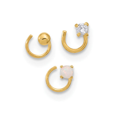 14K 22 Gauge CZ, Synthetic Opal and Ball Nose Post Set