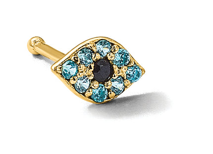 14K 20 Gauge Polished Blue CZ Evil Eye Nose Stud