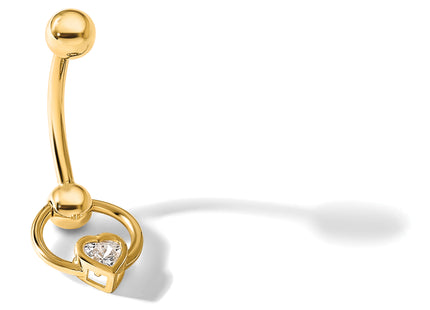 14K 14 Gauge Polished CZ Heart Dangle Navel/Belly Ring