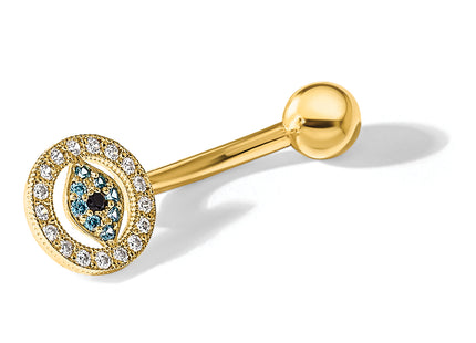 14K 14 Gauge Polished Multi-color CZ Evil Eye Navel/Belly Ring
