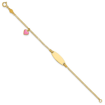 14K Polished Pink Enameled Puffed Heart and Plate Baby/Child ID Bracelet