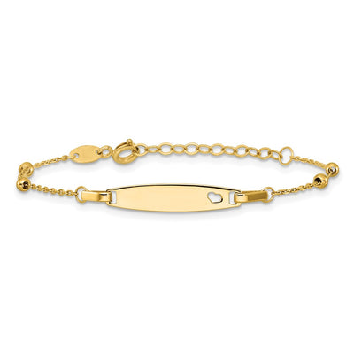 14K Polished Beaded Cut-out Heart 24x4.7mm Plate Baby/Child ID Bracelet with Extender