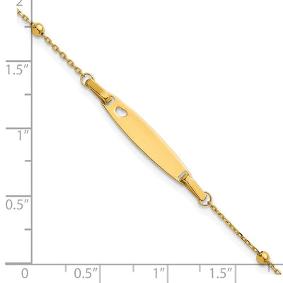 14K Polished Beaded Cut-out Heart 24x4.7mm Plate Baby/Child ID Bracelet with Extender