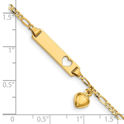 14K Polished Solid Chain/Solid Plate Cut-out Heart with Heart Dangle Figaro Link Plate Baby/Child ID Bracelet