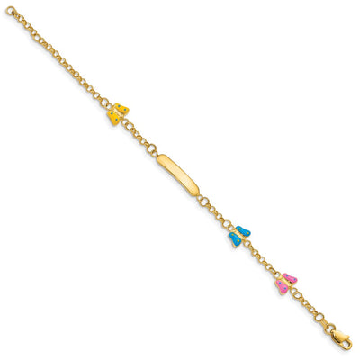 14K Polished Pink/Blue/Yellow Enamel Butterflies and Plate Baby/Child ID Bracelet with Extender