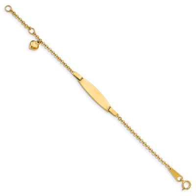 14K Polished Solid Chain/Solid Plate Heart Dangle Plate Baby/Child ID Bracelet with Extender