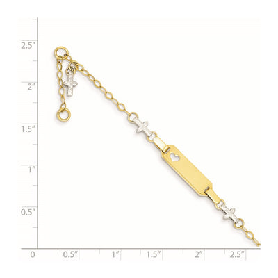 14K Two-tone Polished Textured Cross and Cut-out Heart Plate Baby/Child ID Bracelet with Extender