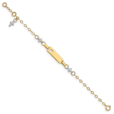 14K Two-tone Polished Textured Cross and Cut-out Heart Plate Baby/Child ID Bracelet with Extender