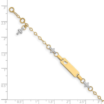 14K Two-tone Polished Textured Cross and Cut-out Heart Plate Baby/Child ID Bracelet with Extender