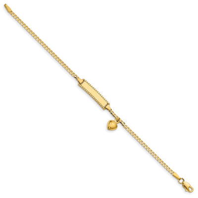 14K Polished Solid Chain/Solid Plate Heart Dangle Curb Link Plate Baby/Child ID Bracelet