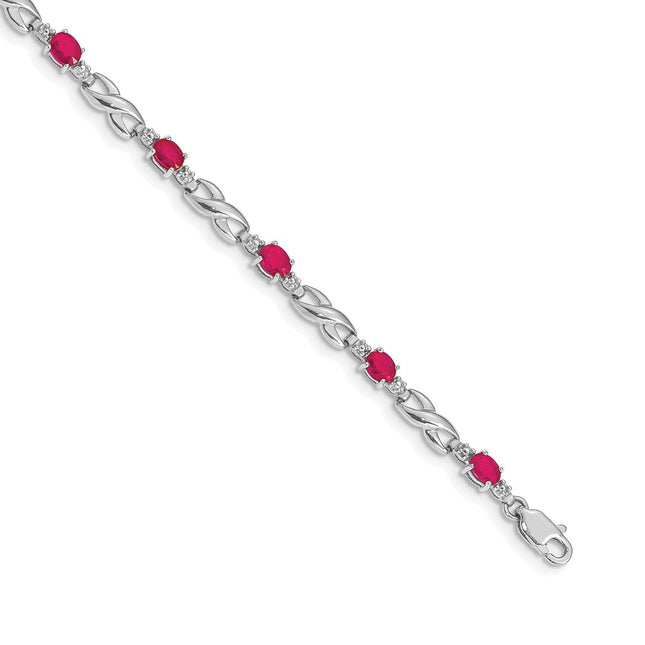 14k White Gold Complete Diamond and Oval Ruby Infinity Link 7. Bracelet, 7.25 x 4mm