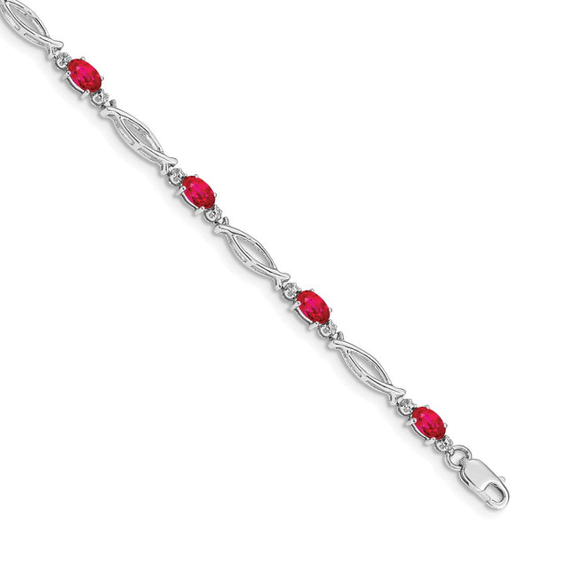 14k White Gold Complete Diamond and Oval Ruby 7. Bracelet, 7.25 x 3mm
