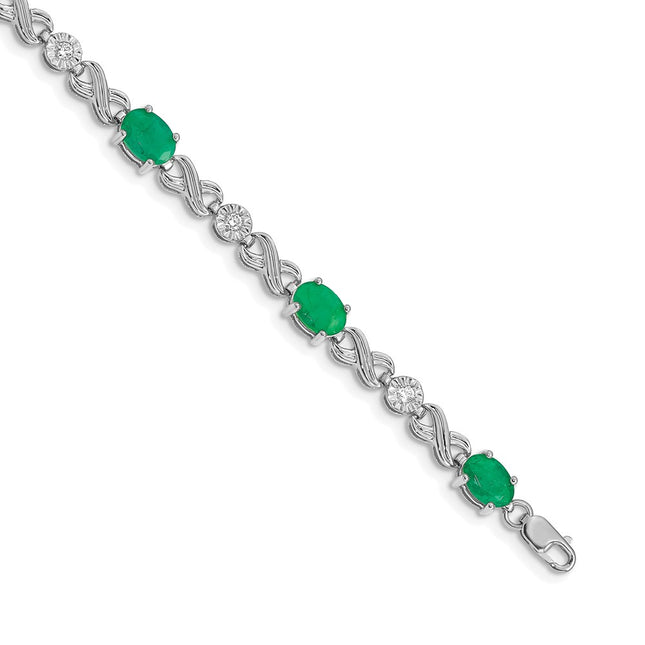 14k White Gold Complete Diamond and Oval Emerald Infinity Link 7. Bracelet, 7.25 x 5mm