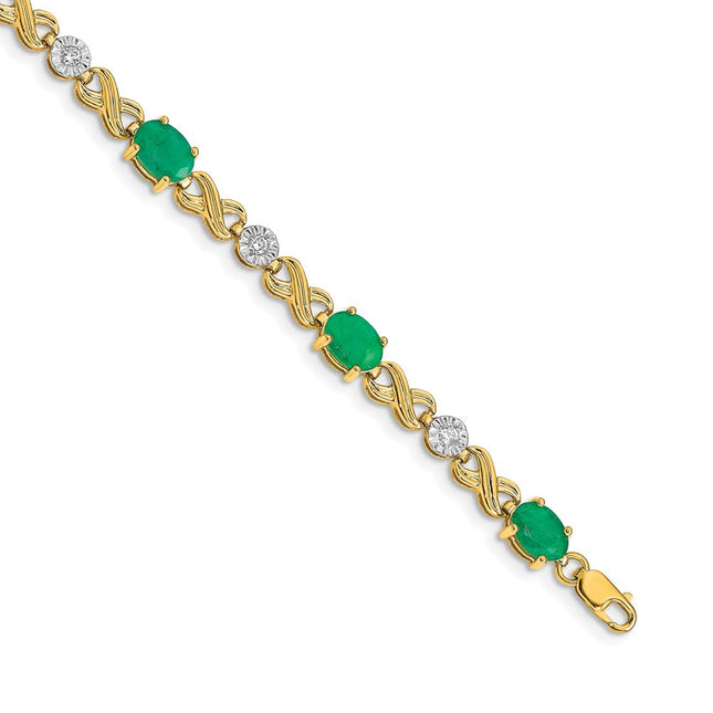 14k Complete Diamond and Oval Emerald Infinity Link 7. Bracelet, 7.25 x 5mm