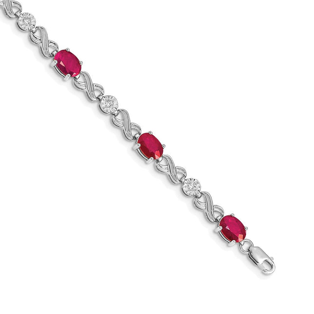 14k White Gold Complete Diamond and Oval Ruby Infinity Link 7. Bracelet, 7.25 x 5mm
