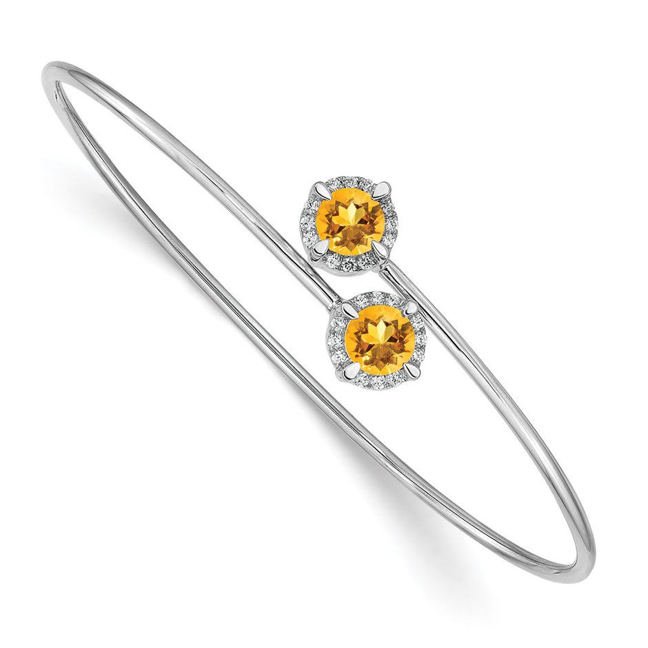 14k White Gold Complete Round Citrine and 1/8 carat Diamond Halo Flexible Bangle Bracelet