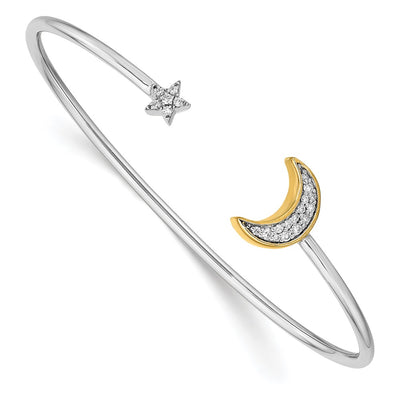 14K Two-tone Complete 1/6 carat Diamond Moon and Star Cuff Bangle Bracelet