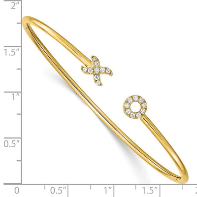 14K Polished Complete 1/5 carat Diamond X and O Flexible Cuff Bangle Bracelet