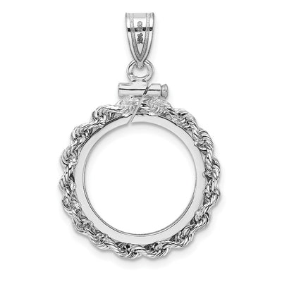 Wideband Distinguished Coin Jewelry 14K White Gold Polished Rope x Screw Top Coin Bezel Pendant, 32.55 x 21.2mm