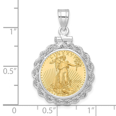 Wideband Distinguished Coin Jewelry 14K White Gold Polished Rope Mounted 1/10oz American Eagle Screw Top Coin Bezel Pendant