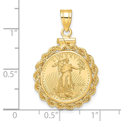Wideband Distinguished Coin Jewelry 14K Polished Rope Mounted 1/10oz American Eagle Screw Top Coin Bezel Pendant