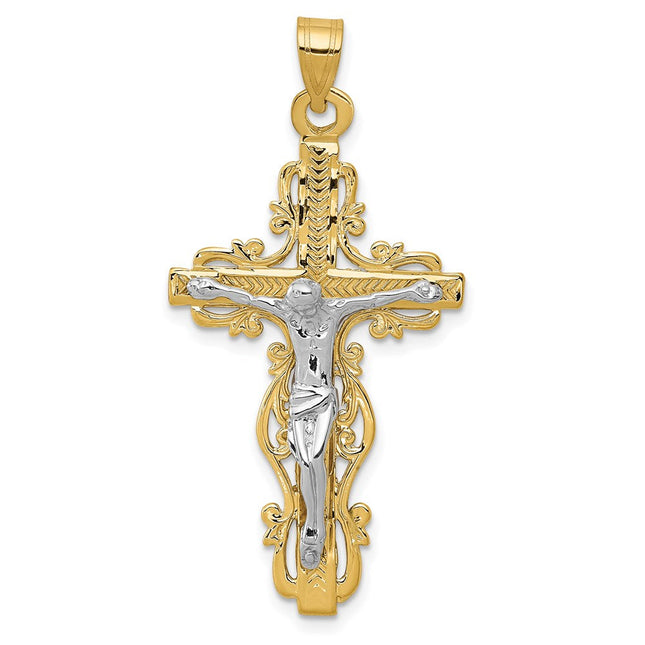 14k Two-tone Diamond Cut Crucifix Pendant, 46 x 22mm