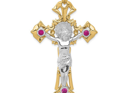 14k Two-tone Polished with Red CZs Crucifix Pendant (Style C2034)