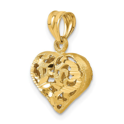14K Polished 3-D Filigree Puffed Heart Pendant, 21 x 15mm