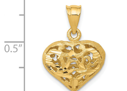 14K Polished 3-D Filigree Puffed Heart Pendant, 21 x 15mm