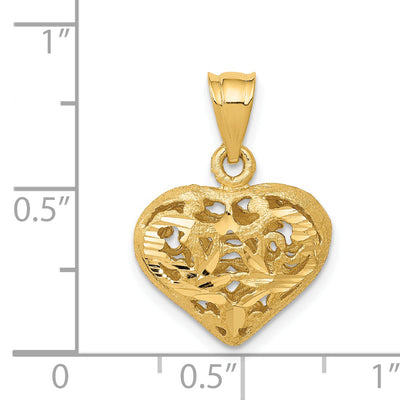 14K Polished 3-D Filigree Puffed Heart Pendant, 21 x 15mm