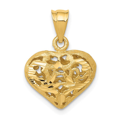 14K Polished 3-D Filigree Puffed Heart Pendant, 21 x 15mm