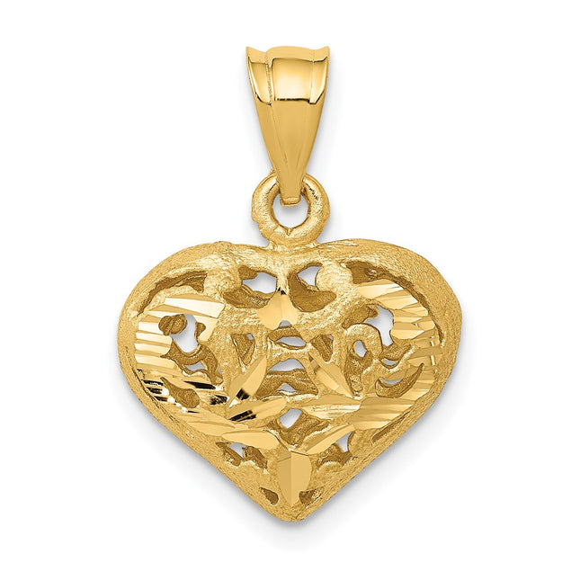 14K Polished 3-D Filigree Puffed Heart Pendant, 21 x 15mm
