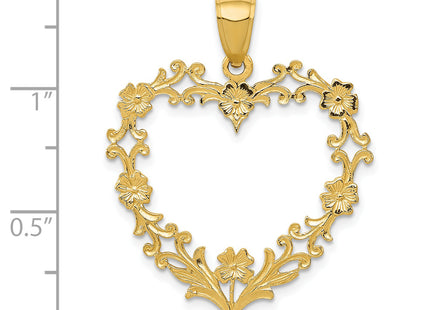 14K Polished Floral Border Heart Pendant, 34 x 27mm