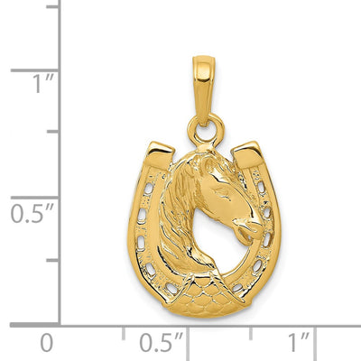 14K Solid Polished Horse Head in Horseshoe Pendant