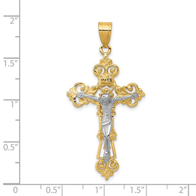 14K Two-tone Inri Fleur De Lis Crucifix Pendant, 47 x 23mm