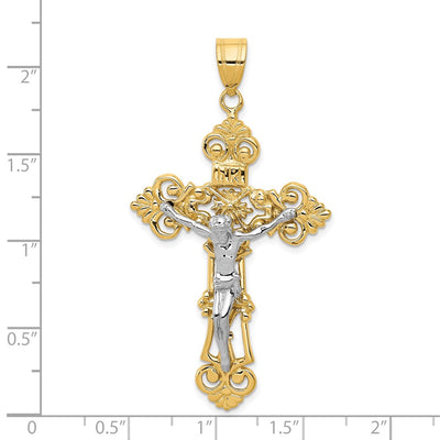 14K Two-tone Inri Fleur De Lis Crucifix Pendant, 57 x 31mm