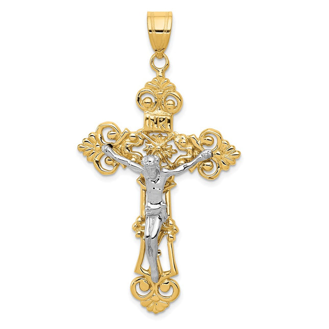 14k Two-tone Inri Fleur De Lis Crucifix Pendant, 57 x 31mm