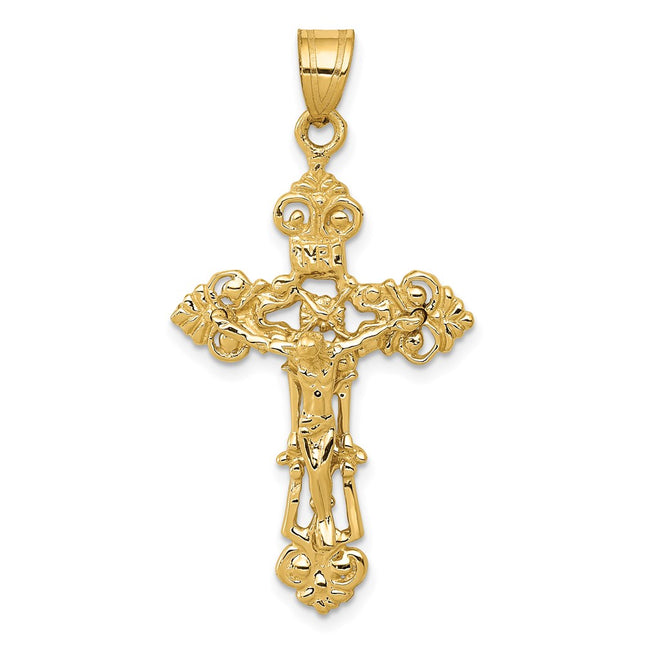 14k Inri Fleur De Lis Crucifix Pendant, 41 x 21mm