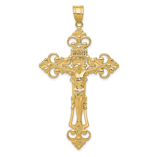 14k Inri Fleur De Lis Crucifix Pendant, 66 x 36mm