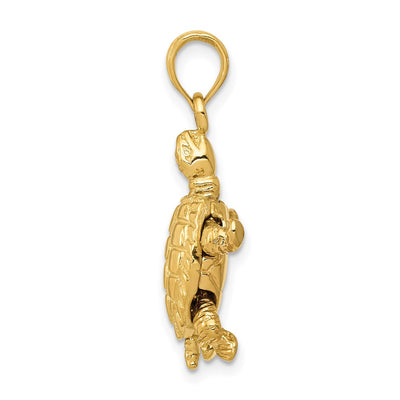 14K Solid Polished 3-D Moveable Turtle Pendant, 25 x 16.5mm