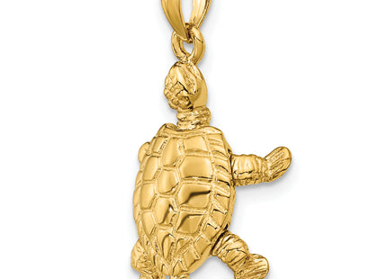 14K Solid Polished 3-D Moveable Turtle Pendant, 25 x 16.5mm