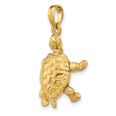14K Solid Polished 3-D Moveable Turtle Pendant, 25 x 16.5mm