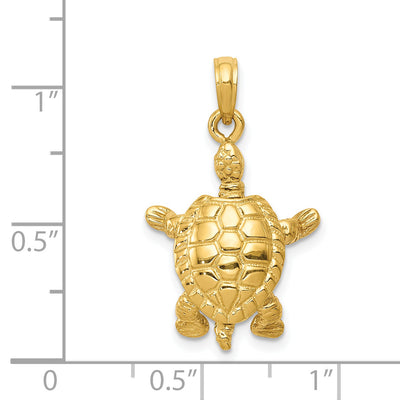 14K Solid Polished 3-D Moveable Turtle Pendant, 25 x 16.5mm
