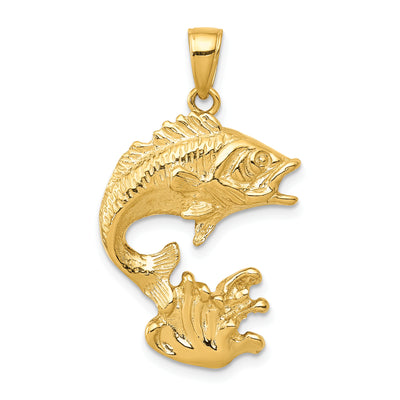 14K Polished Open-Backed Bass Fish Pendant, 31 x 18mm