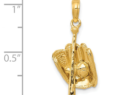 14K Polished 3-D Glove/Bat/Baseball Pendant, 23 x 11mm